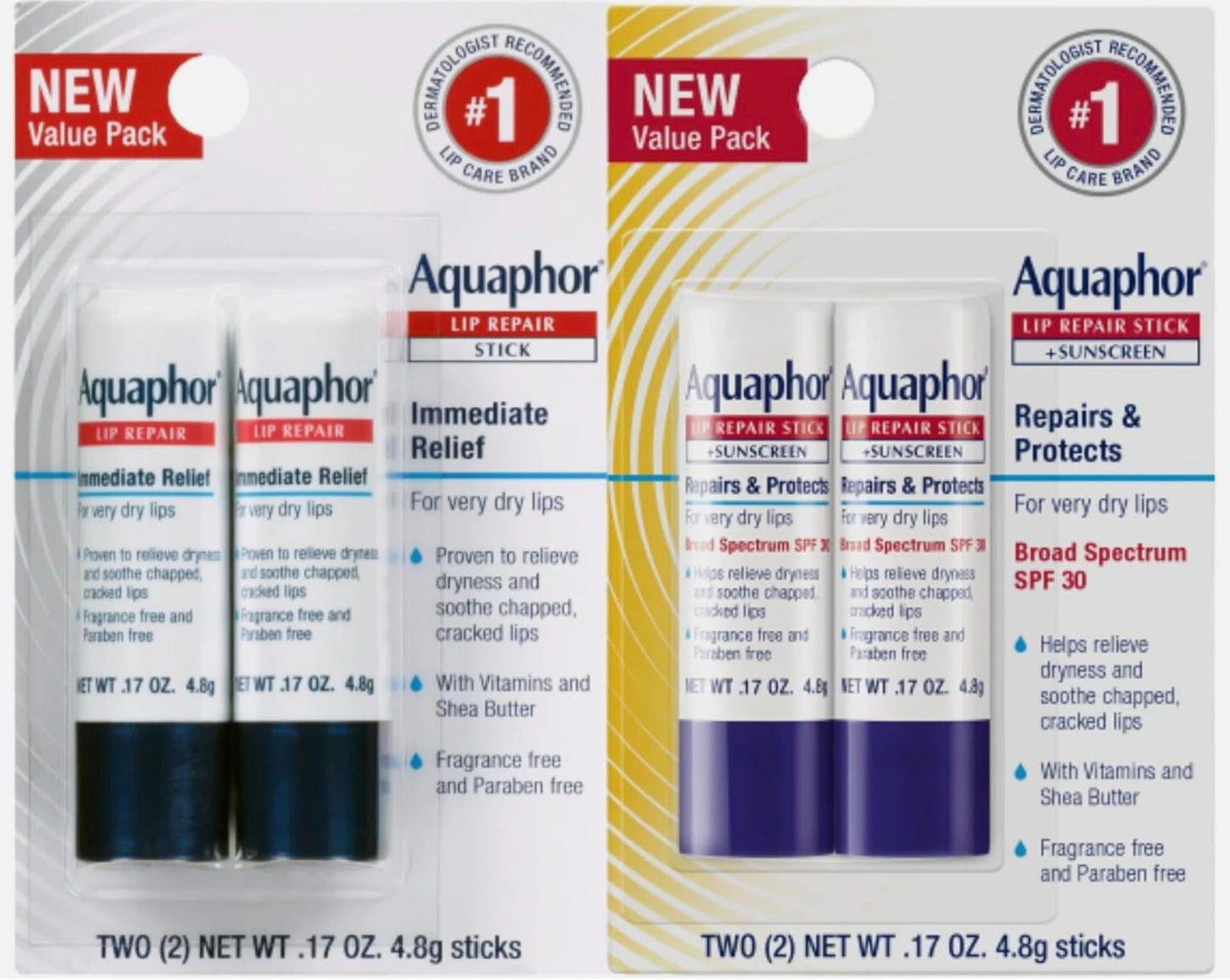 Aquaphor Lip Repair Lip Balm Set, Lip Repair Stick, 0.17 Oz (Pack of 2) + Lip Repair and Protect Stick, Lip Balm with Sunscreen SPF 30, 0.17 Oz (Pack