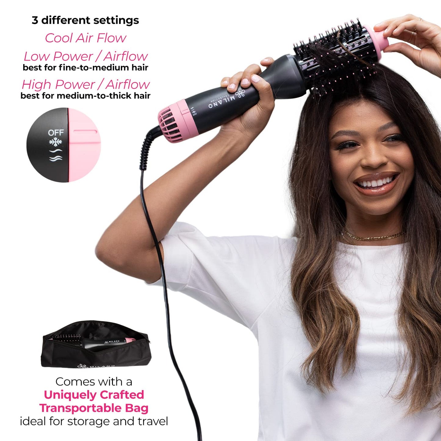 Milano Collection Hot Air Hair Brush Dryer, Quick & Easy Styling, Hair Volumizer for Human Hair Wigs & Natural Hair, Lightweight Round-Shaped Barrel