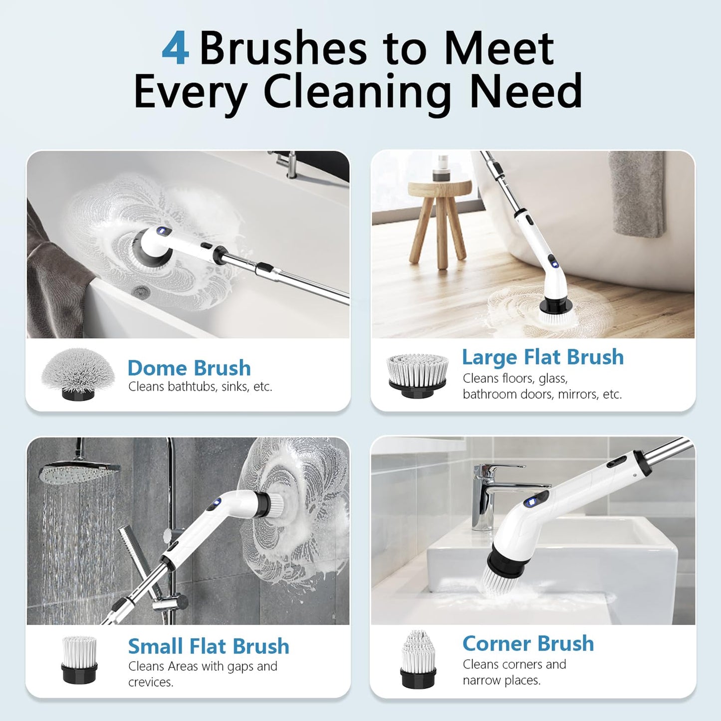 TUYU Electric Spin Scrubber, IPX7 Waterproof with LCD Display & Adjustable Handle, Cordless Bathroom, Bathtub, Kitchen & Wall Cleaner Brush