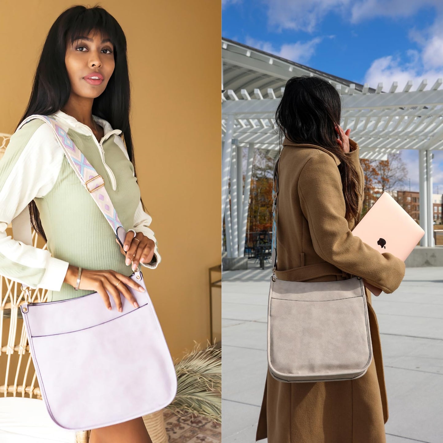 JEN & CO. Crossbody Bags for Women Trendy Vegan Leather Hobo Purses Shoulder Handbags with Wide Adjustable Guitar Strap, Dusty Lavender