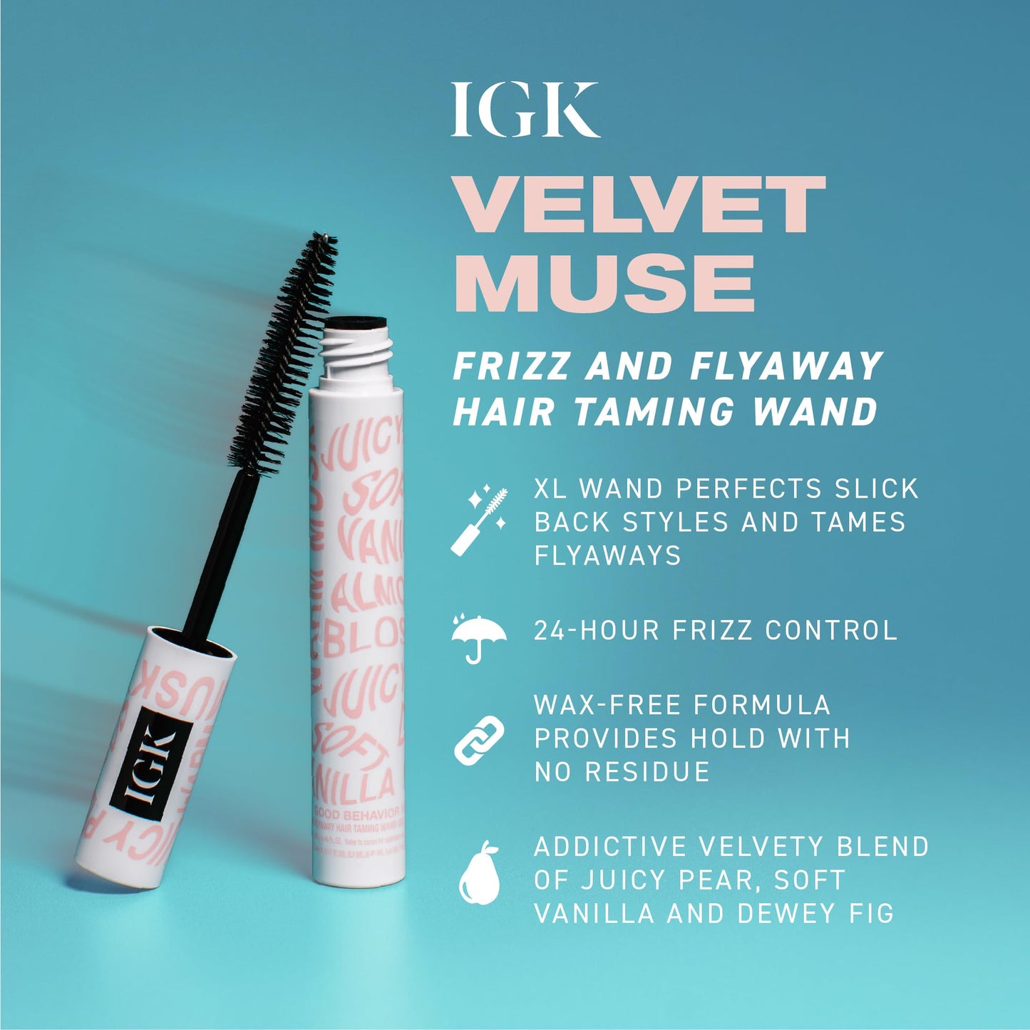 IGK Good Behavior Velvet Muse Frizz and Flyaway Hair Taming Wand - On-the-go styler with 24-Hour frizz control, 0.46 FL Oz