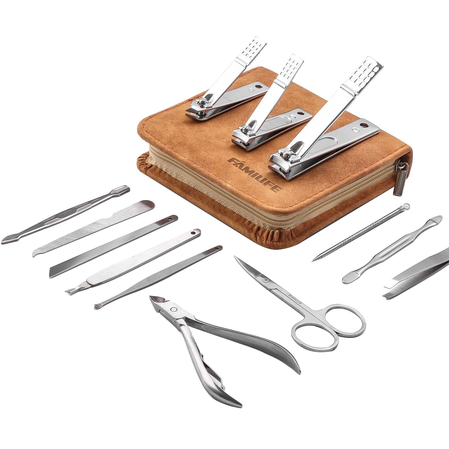 FAMILIFE Manicure Set, Nail Professional Kit Manicure Kits Nail Clipper Sets, 13PCS Stainless Steel Pedicure Sets Mens Grooming Tool, with Brown