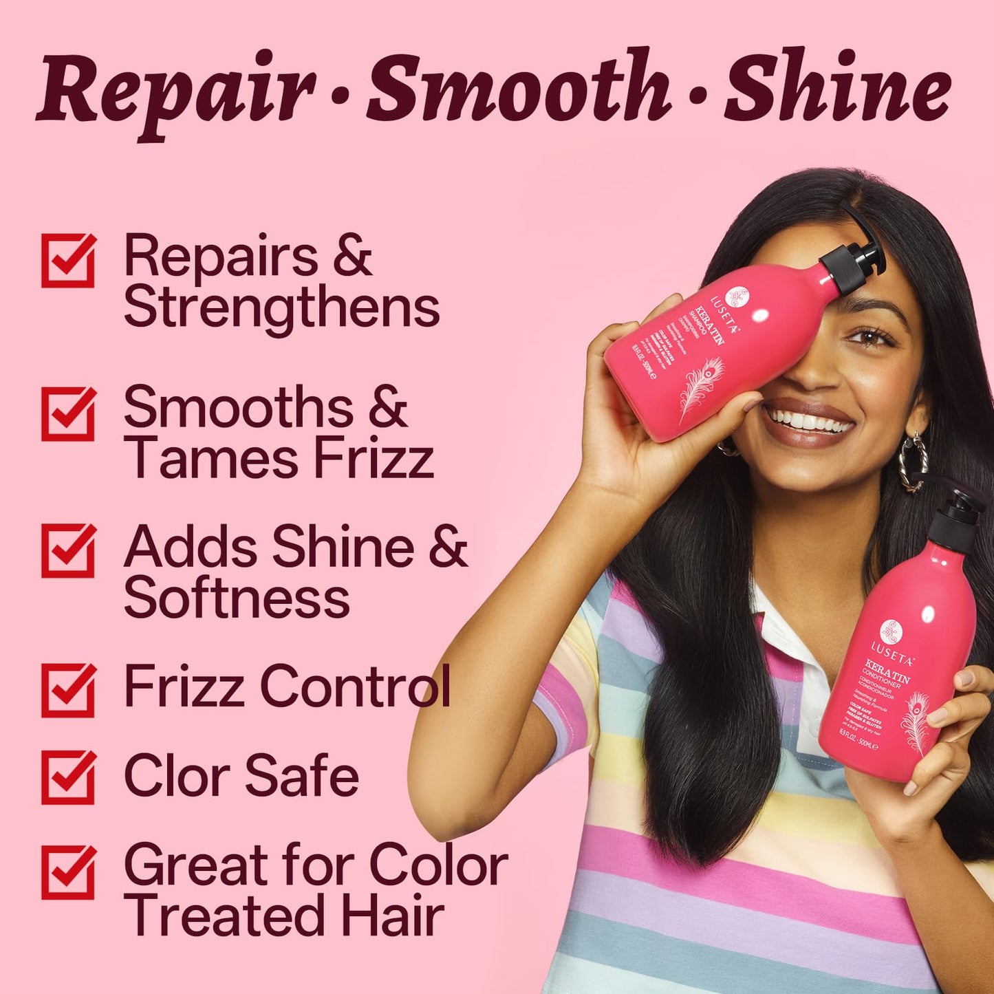 Luseta Keratin Shampoo and Conditioner Set Moisturizing Treatment for Dry Hair Smooth & Repair Damaged Hair for Women Sulfate Free 16.9 oz