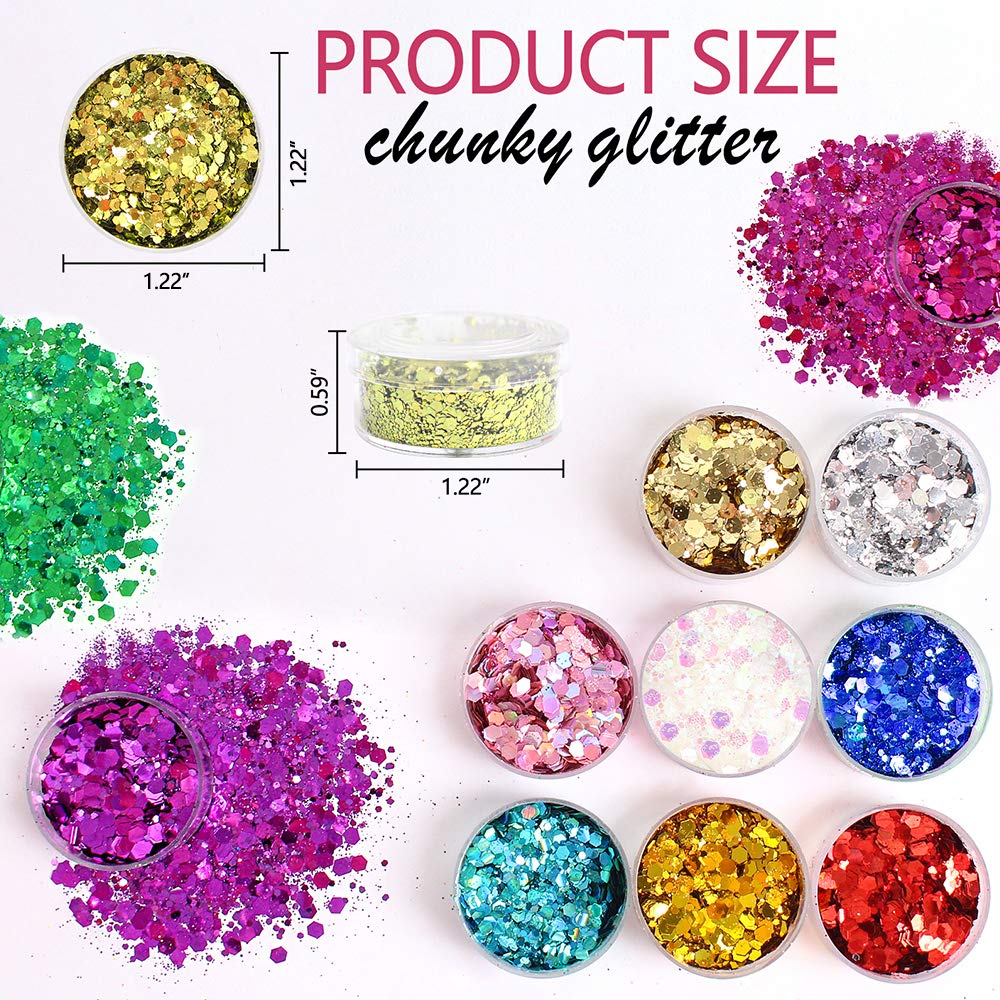Holographic Chunky Sequins 12 Colors Mixed Laser Cosmetic Glitter for Face, Body, Eye, Hair, Nail Art, Lip Gloss - Festival Glitter Makeup