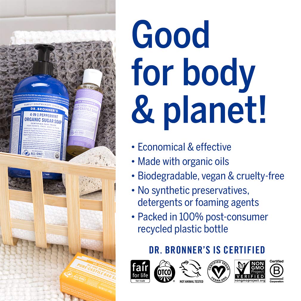 Dr. Bronner's - Pure-Castile Liquid Soap (Lavender, 4 ounce) - Made with Organic Oils, 18-in-1 Uses: Face, Body, Hair, Laundry, Pets and Dishes