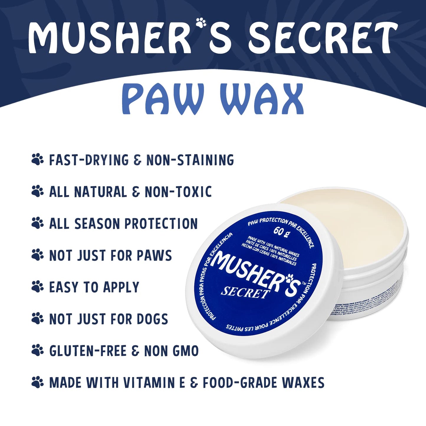 Musher's Secret Dog Paw Wax 60g – All-Natural Moisturizing Balm with Vitamin E, Protects & Heals Dry, Cracked Paws