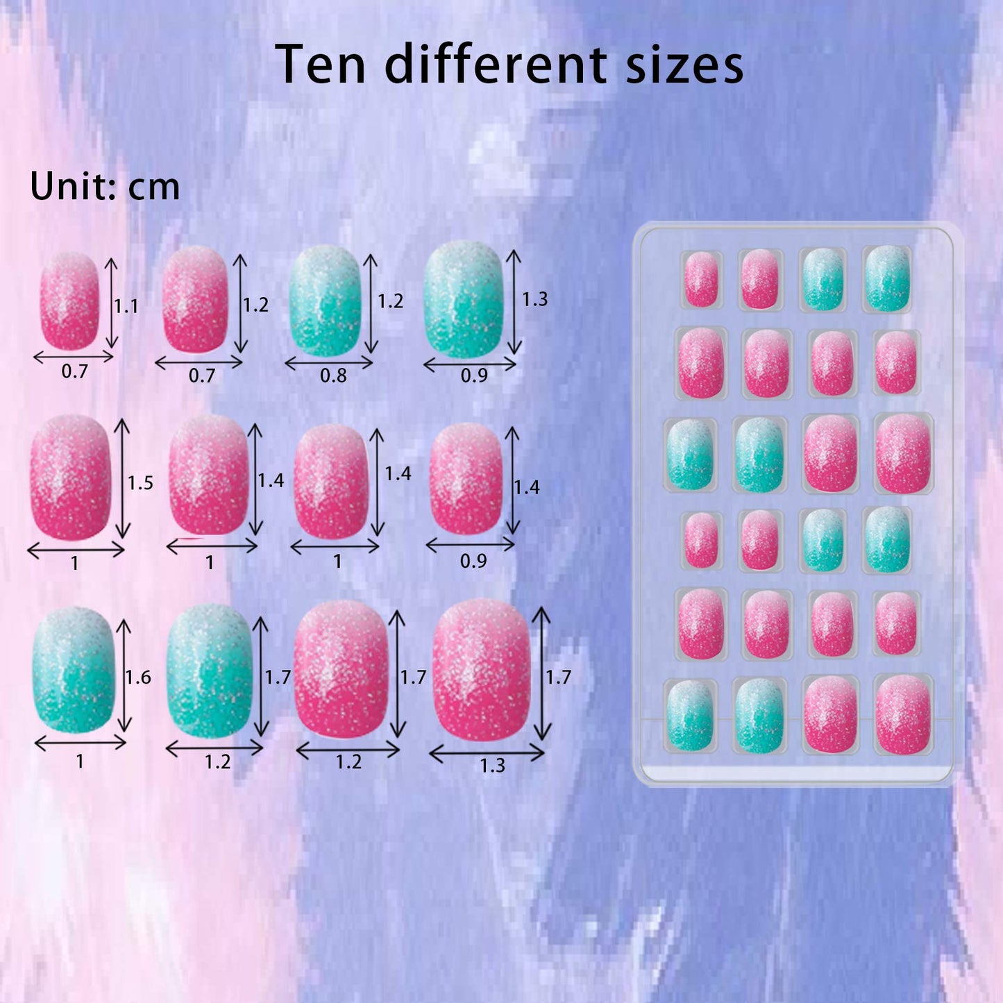 SIUSIO 120 Pcs 5 Pack Children Acrylic Fake Nails Press on Pre-glue Full Cover Glitter Gradient Color Rainbow Short False Nail Art Kits Set for Kids