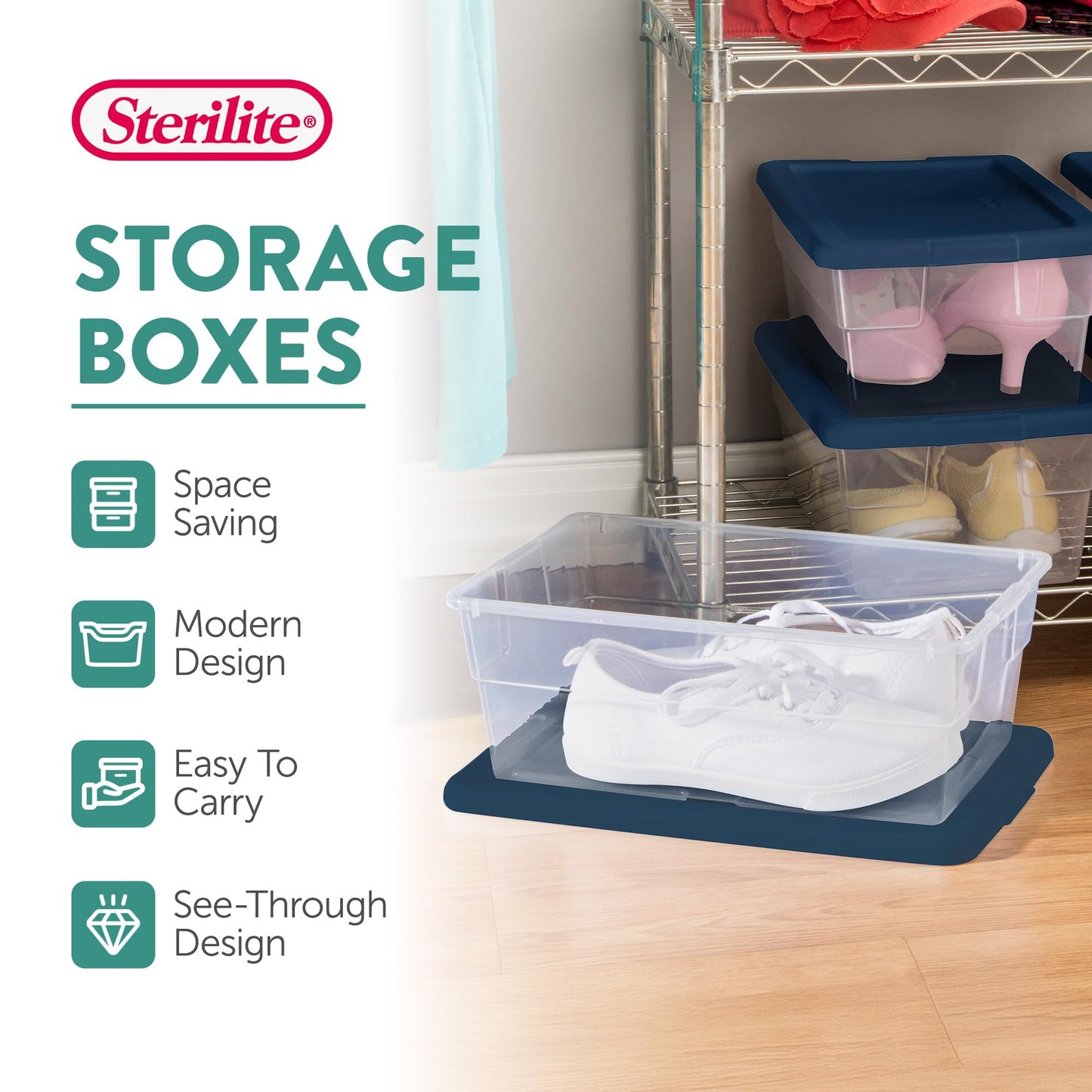 Sterilite Stackable 6 Quart Clear Home Storage Box with Handles and Blue Lid for Efficient, Space Saving Household Storage and Organization, 5 Pack