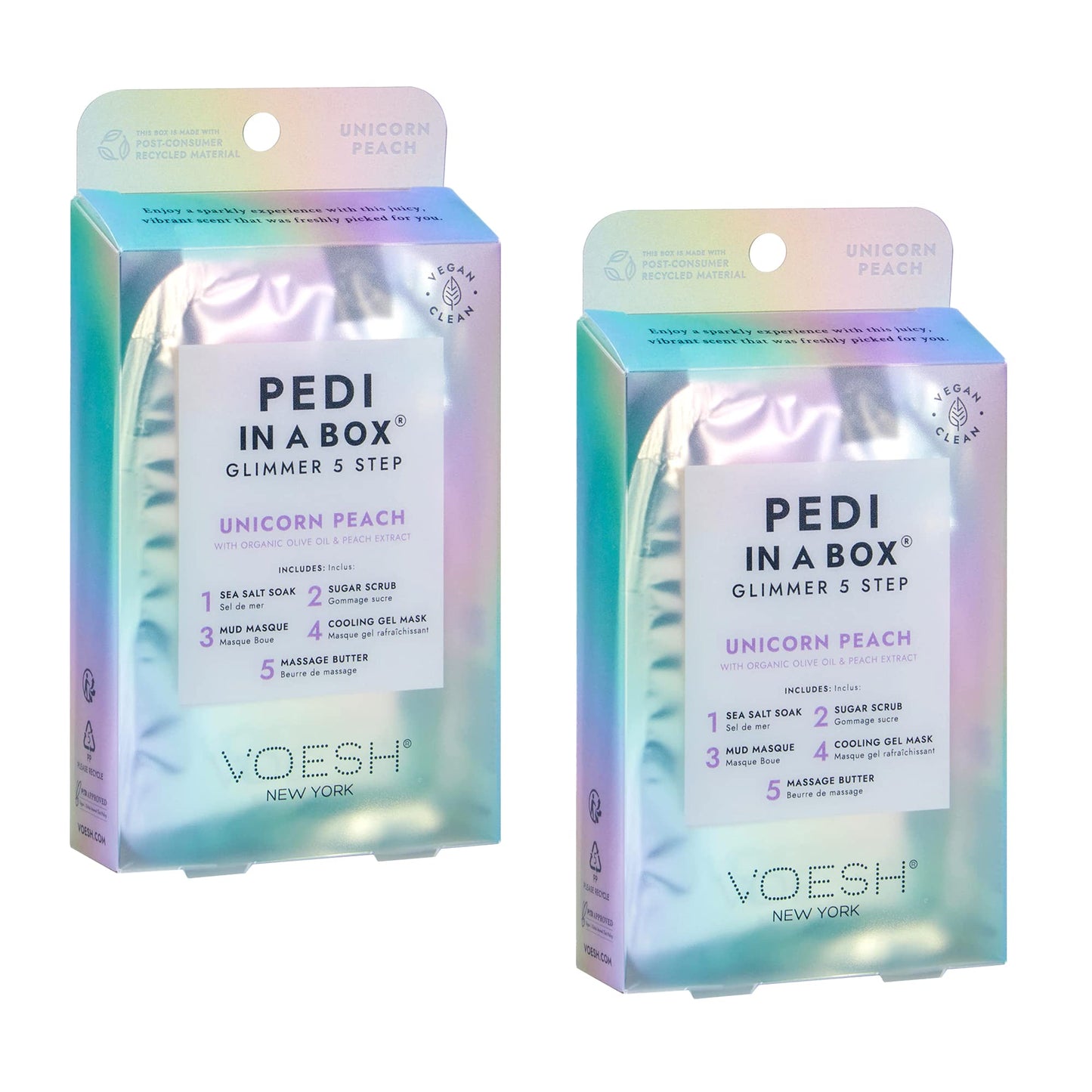 VOESH Pedi in a Box Glimmer - 2 Packs, Unicorn Peach, Pedi in a Box, Spa Pedicure Kit, Sparkly Pedicure, DIY Pedi, Foot Care, At-Home Pedi Products