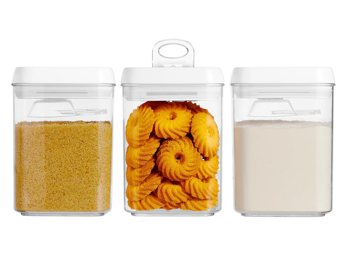 Felli Flip Tite Storage Container with Built-In Spoon & Airtight Lid 5” Large-M Ring Flip Top, Stackable Acrylic Canister for Rice Sugar Flour…