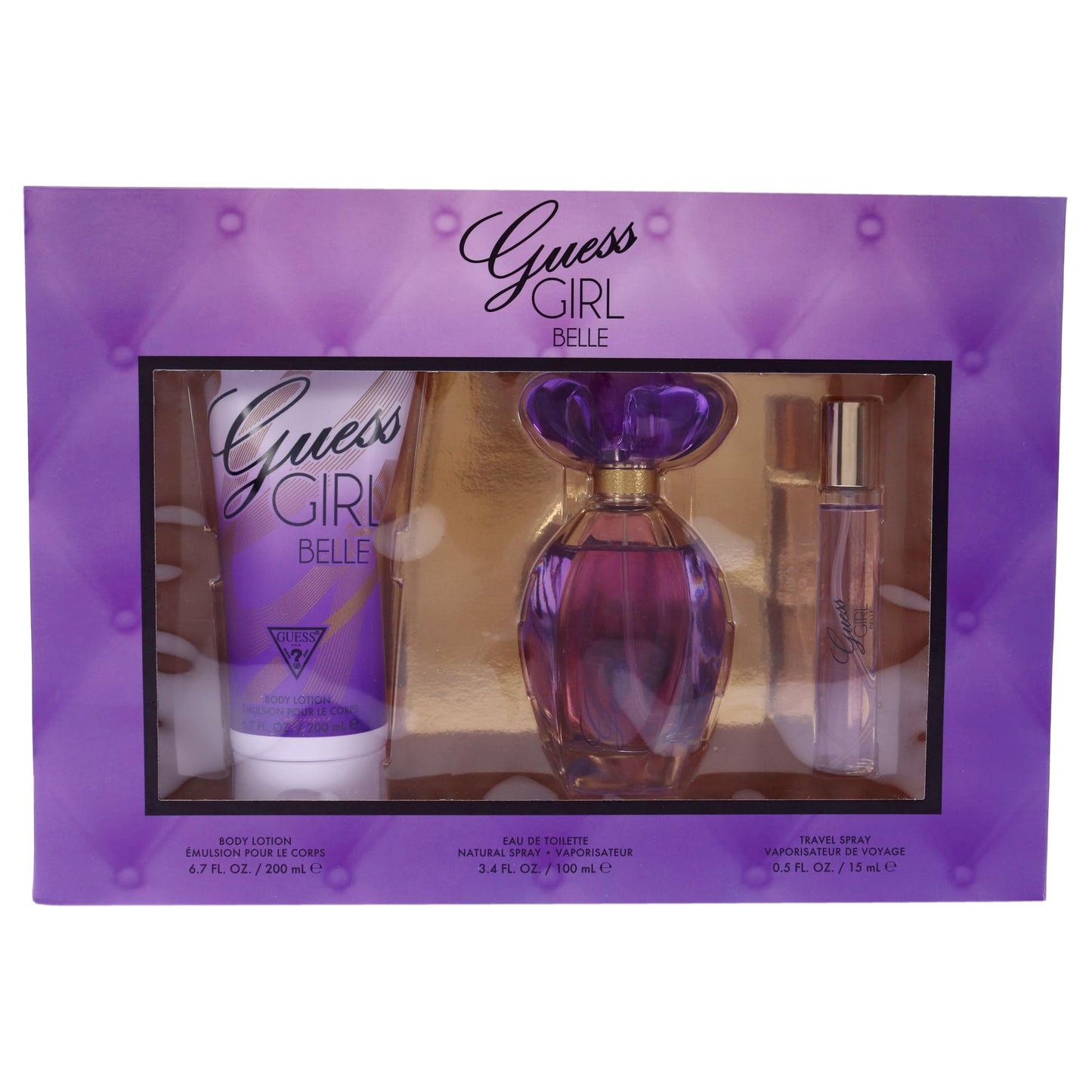 Guess Girl Belle 3 Pc Gift Set 3.4oz EDT Spray, 0.5oz EDP Travel Spray, 6.7oz Body Lotion GIFTSET