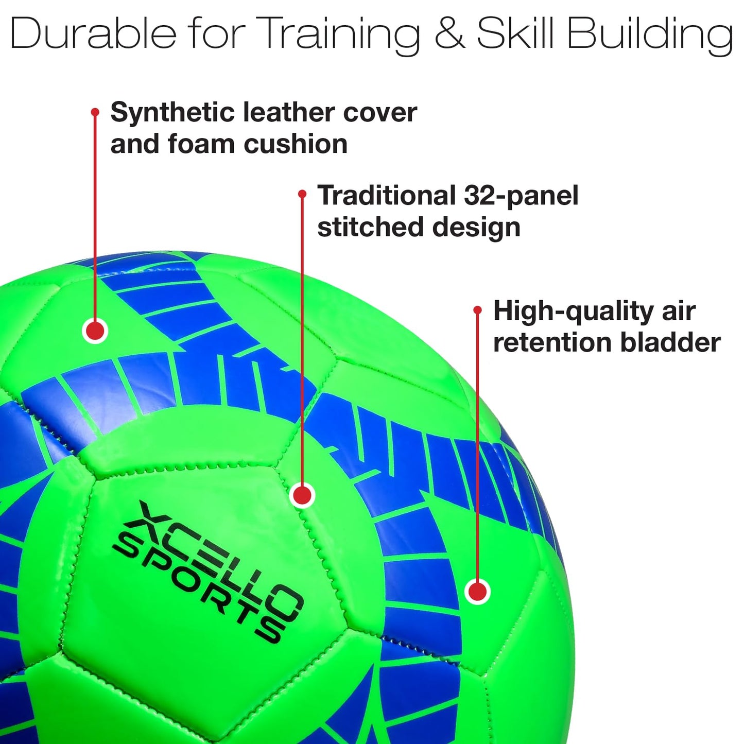 Xcello Sports Soccer Ball Size 4 Assorted Graphics (Orange, Green, Navy) with Pump (Pack of 6)