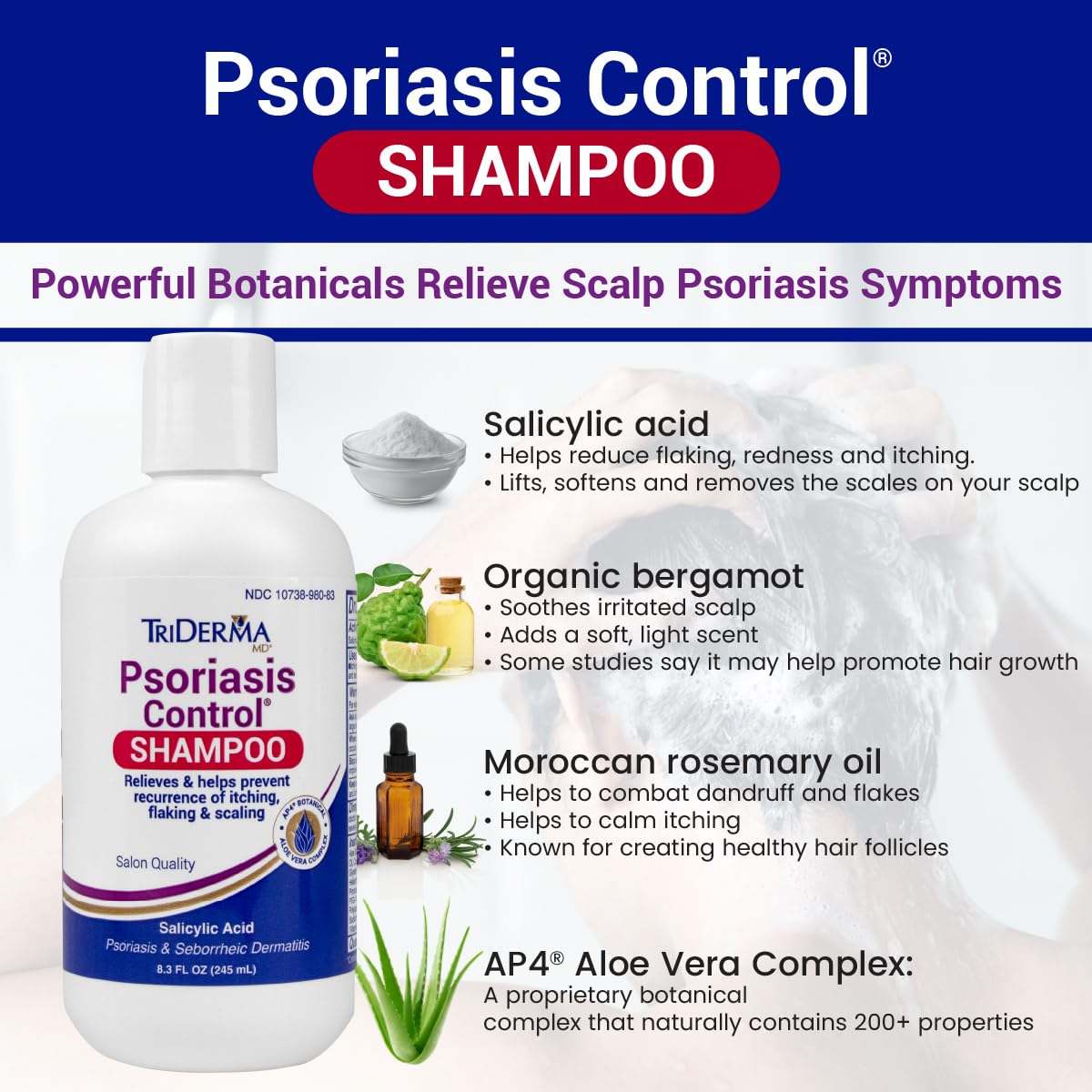 TriDerma Psoriasis Control Scalp Exfoliator Shampoo 8.3 oz & Dry Scalp Moisturizing Hair Conditioner 6.0 oz, Salon Quality Dry Scalp Treatment Hair