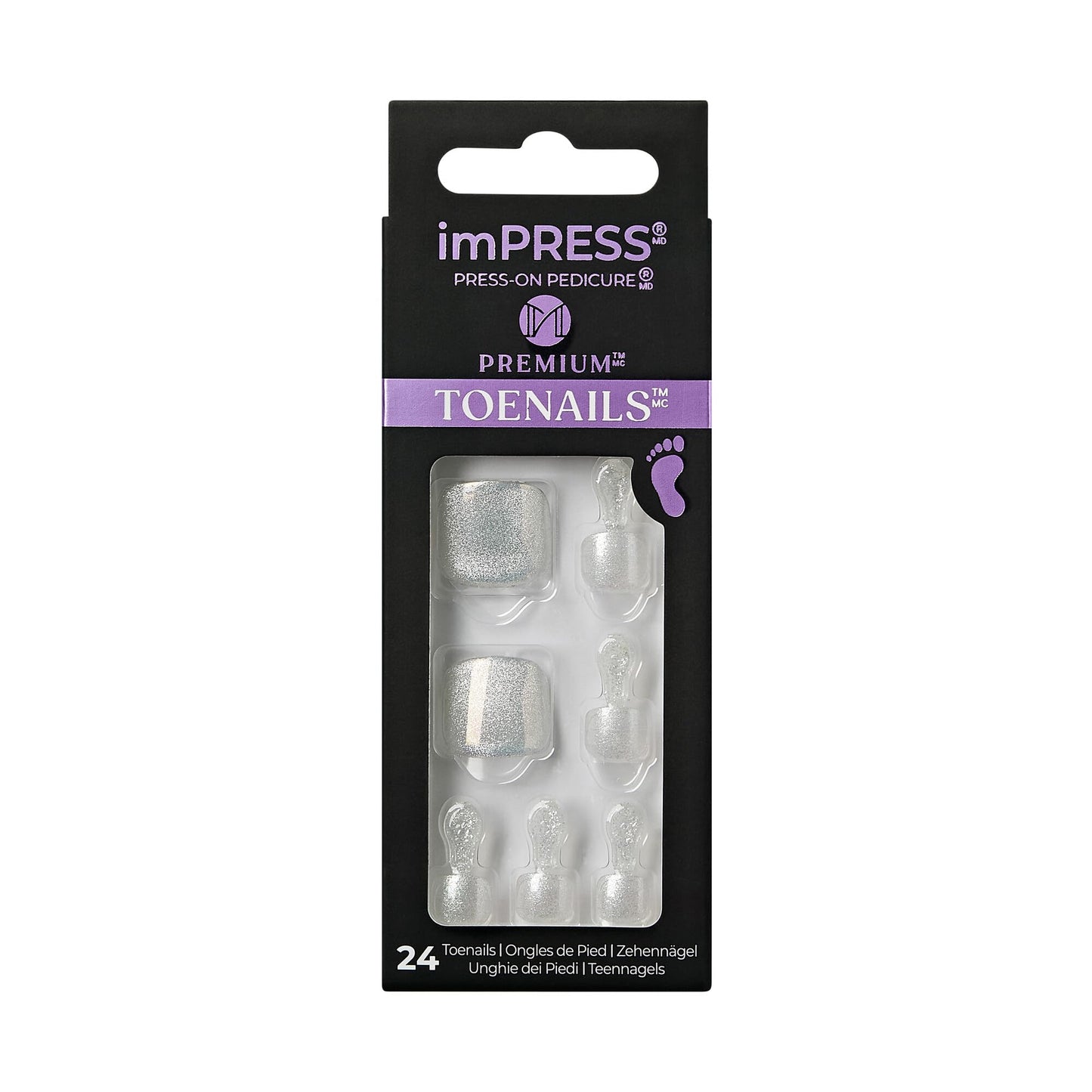 KISS Impress Premium No Glue Pedi Press-On Toenails, Sparkling White Silver, Silver Glitter, Squoval Shape, Includes 24 Nails, Prep Pad, 1 Manicure Beauty & Personal Care KISS