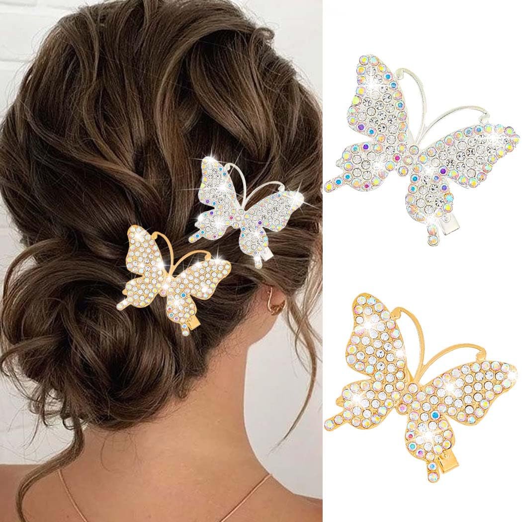 BARTOSI Butterfly Hair Clips Sparkly Rhinestone Hair Barrettes Butterflies Hair Accessories for Women and Girls (Pack of 2)