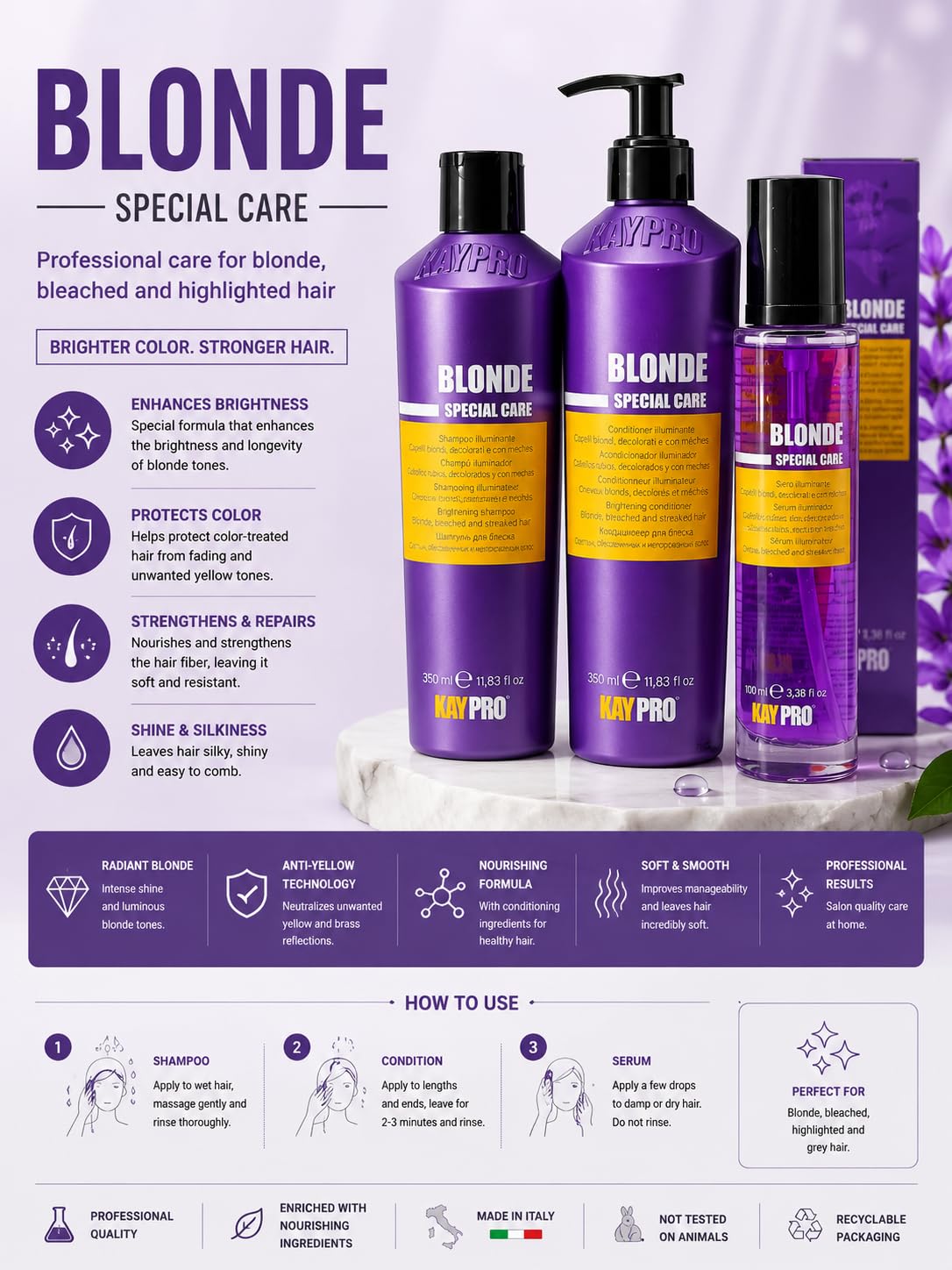 KAYPRO Special Care Blonde Hair Set Shampoo 350ml + Conditioner 350ml + Serum 100ml - Italian (Hair Care Set for Blonde Hair, Tone Protection