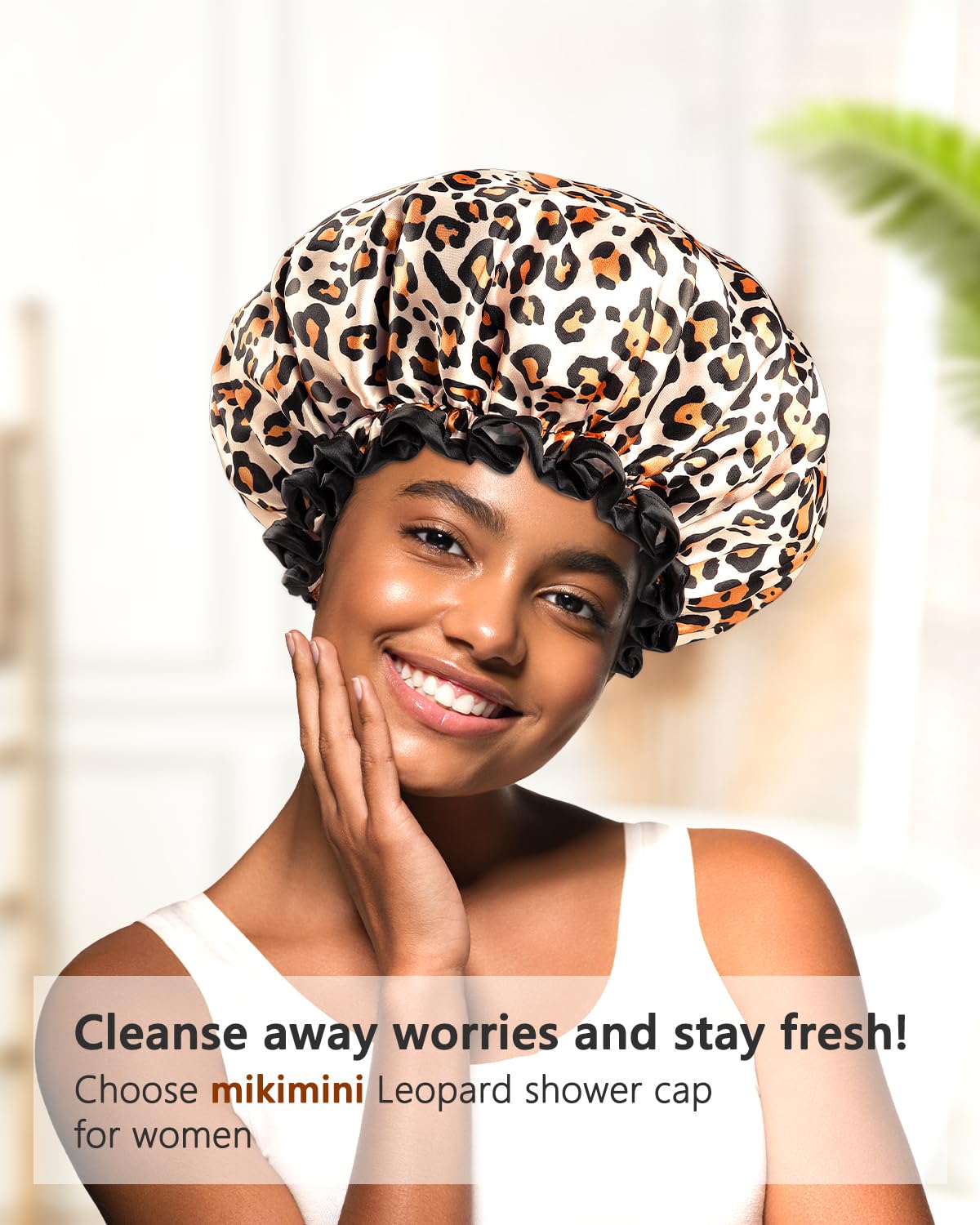 mikimini Medium Shower Cap for Girls and Women,Leopard Stylish Shower Caps with Black Lace,Reusable Waterproof Bathing Shower Hat for Girls