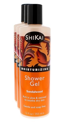 ShiKai Daily Moisturizing Shower Gel (Sandalwood, 12oz, Pack of 3) | Gentle Formula | Aloe Vera & Oatmeal for Soft, Healthy Skin | Dry Skin Relief