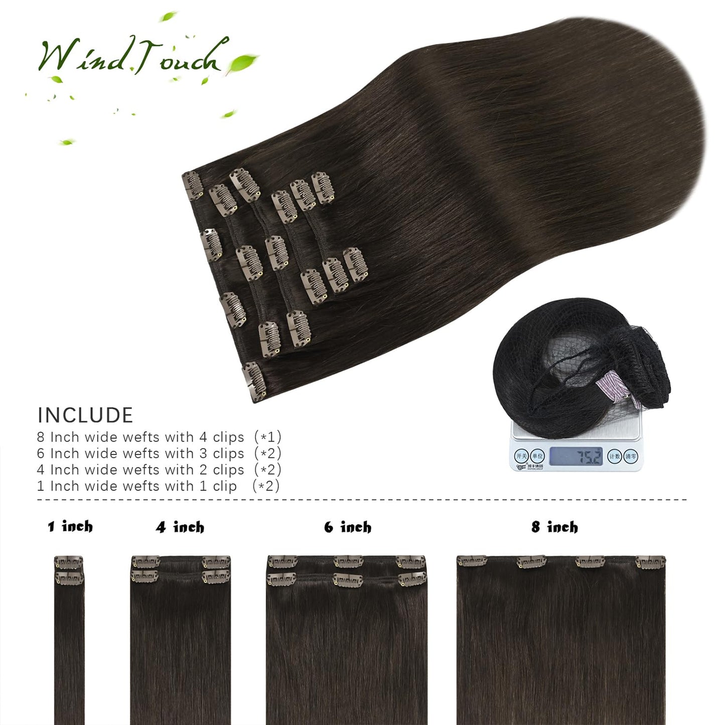 WindTouch Clip in Hair Extensions Human Hair Dark Brown Hair Extensions For Women 15Inch 75g 7PCS #2 Gift for Women