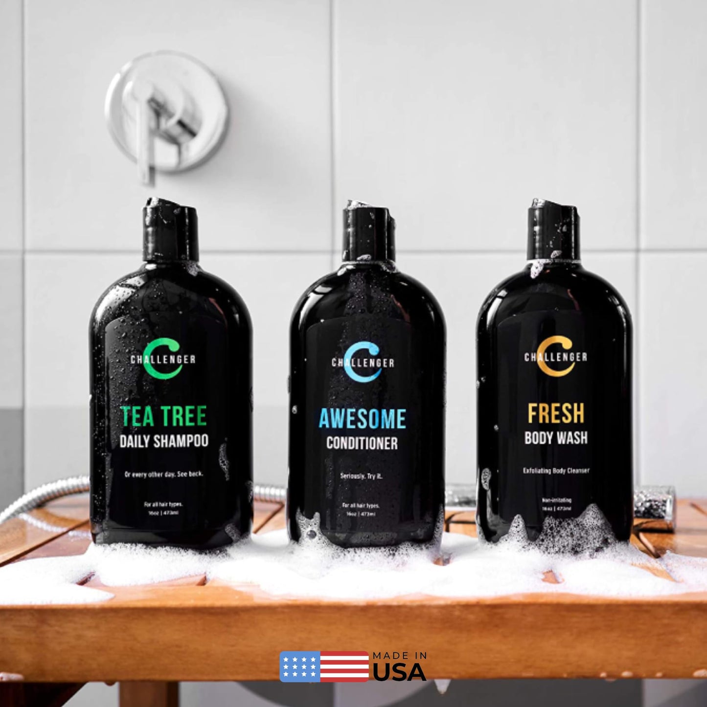 Challenger Men’s Tea Tree Shampoo, Conditioner, & Fresh Body Wash Trio, 3X 16 Oz Bottles | Sulfate Free w/Vitamins, Argan Oil, Biotin | Keratin