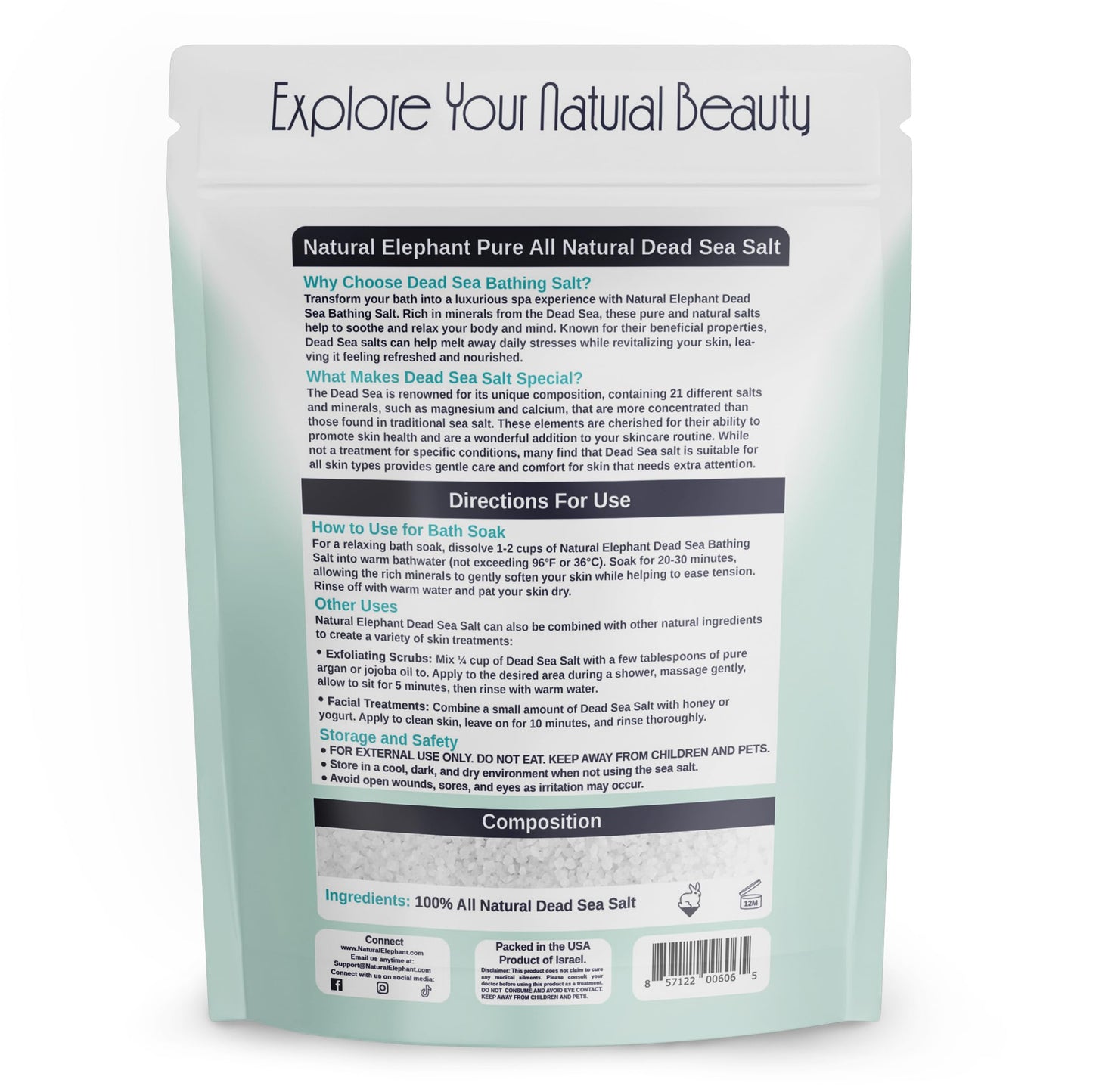 Natural Elephant Dead Sea Bath Salt | 5 Pound Bag (80oz) | 100% Natural and Pure| Coarse Grain | Ideal for Baths and Soaks
