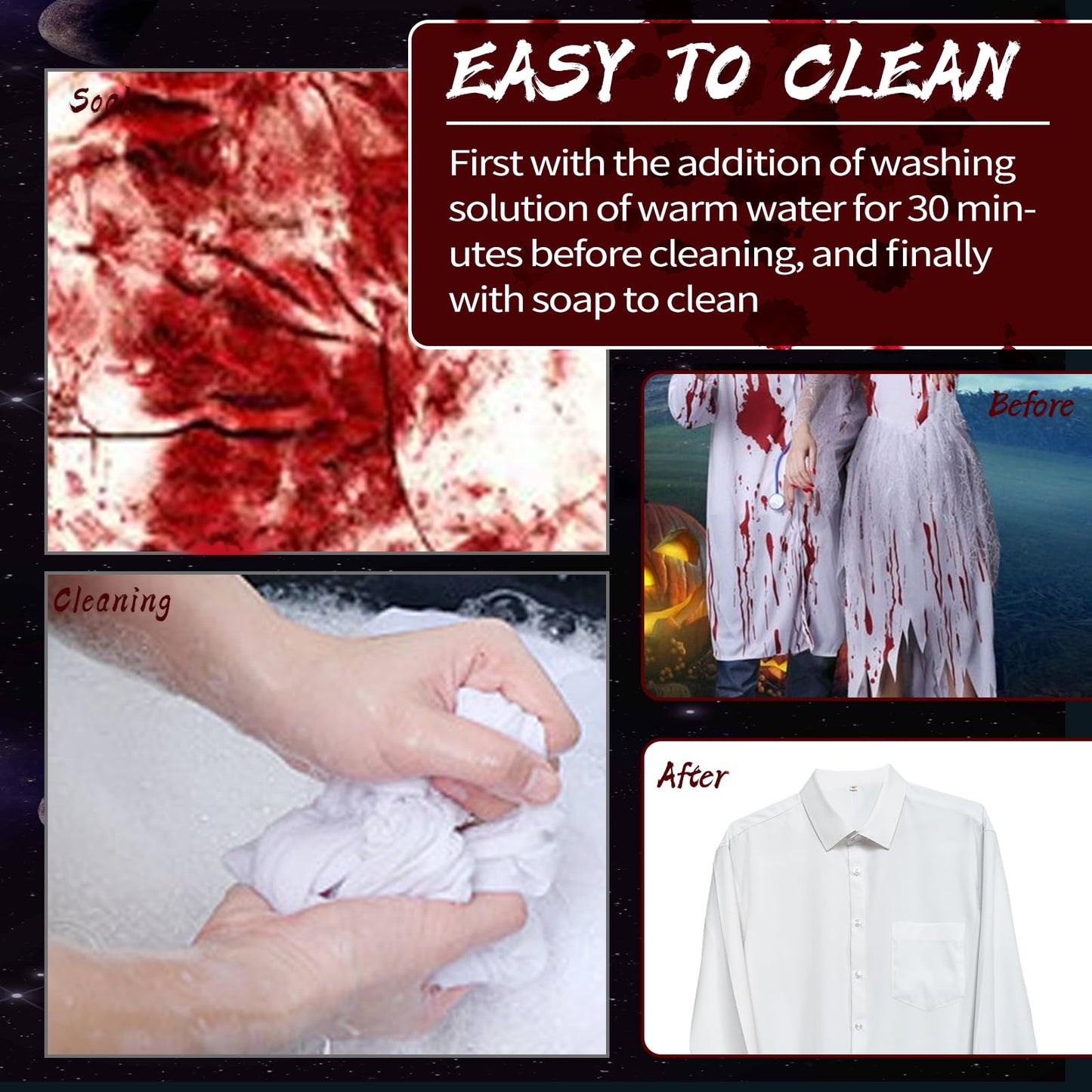 Halloween Fake Blood Washable, Realistic Effects Fake Blood for Scar Wound and Clothes,Easy Dry Flow Fake Blood for Eyes Drips Nose Bleeds