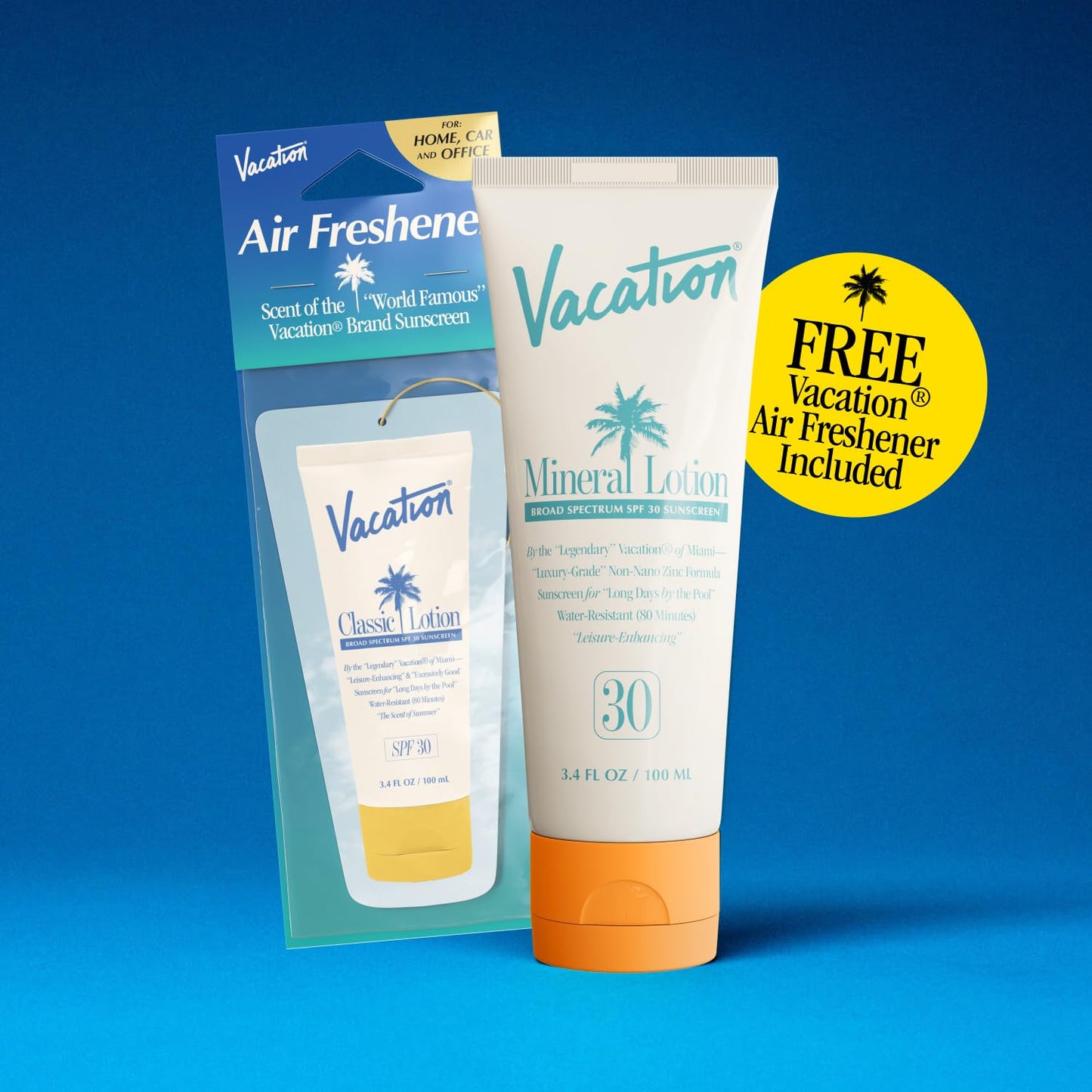 Vacation Mineral Lotion Sunscreen SPF 30 & Air Freshener Bundle, Non-Nano Zinc Oxide Formula, No White Cast, Water-Resistant, Dermatologist-Tested