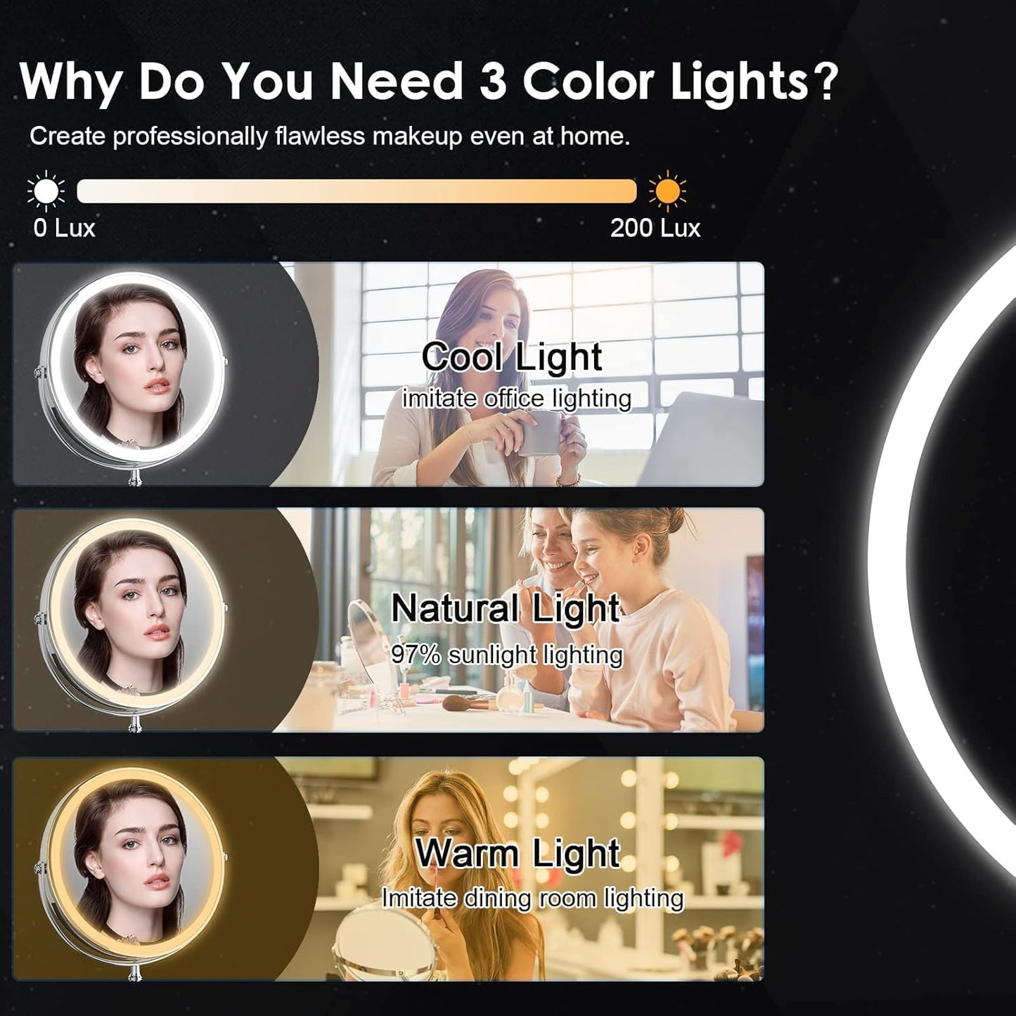 Lighted Makeup Mirror – 3000mAh Rechargeable 1x/10x Magnifying Vanity Mirror with 3 Colors, Adjustable Brightness, 360° Rotation