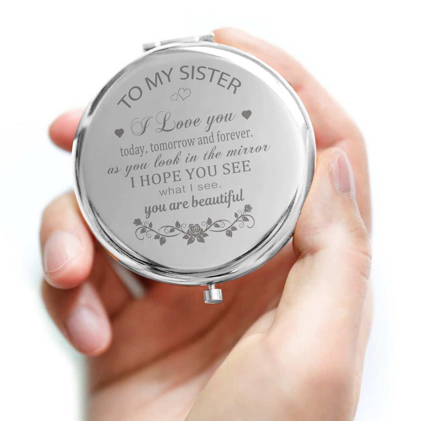 GAOLZIUY Compact Mirror Gifts from Sister, Silver Compact Mirror for Big/Litter Sister, Birthday Gifts for Sister Graduation, Valentine, Mothers Day