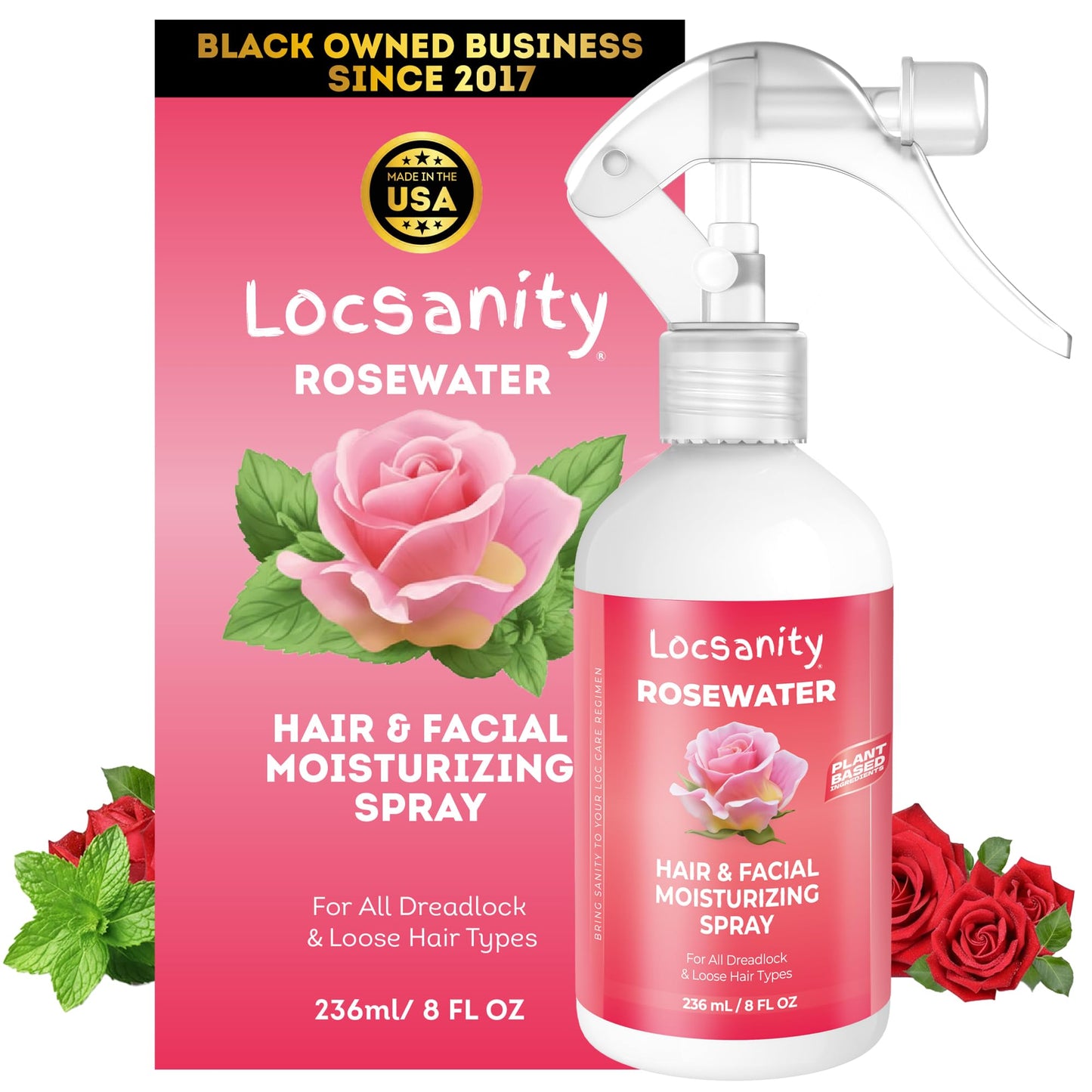 Locsanity Pure Rosewater Hair and Facial Spray - Regular Size Hydrating Face Mist to Soothe, Refresh, and Rejuvenate Skin, Reduce Oil and Buildup