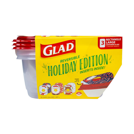 Glad GladWare Holiday Food Storage Containers with Reversible Gift Tags, Large Rectangle Containers & Lids, 64 Ounce - Microwave, Freezer…