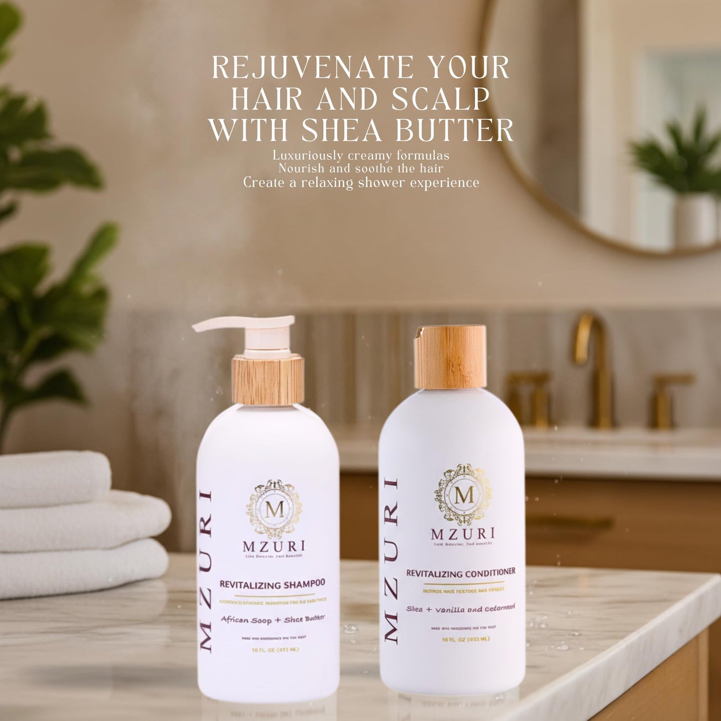 MZURI Shampoo & Conditioner Set - African Black Soap & Shea Shampoo + Vanilla Cedarwood Conditioner | Sulfate-Free Hydrating Cleanse, Detangling Frizz