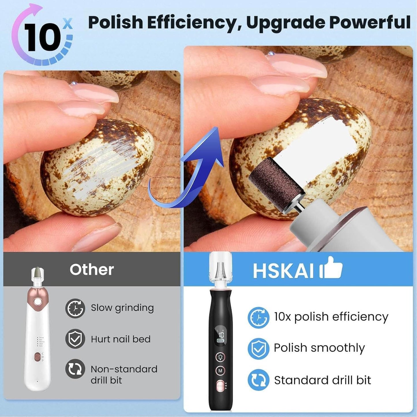 HSKAI Electric Nail File Drill, Cordless Toe Nail Grinder for Thick Toenails & Callus, 10-Speed 2000mAh Rechargeable Nail Filer, 50Pcs Manicure Beauty and Personal Care HSKAI