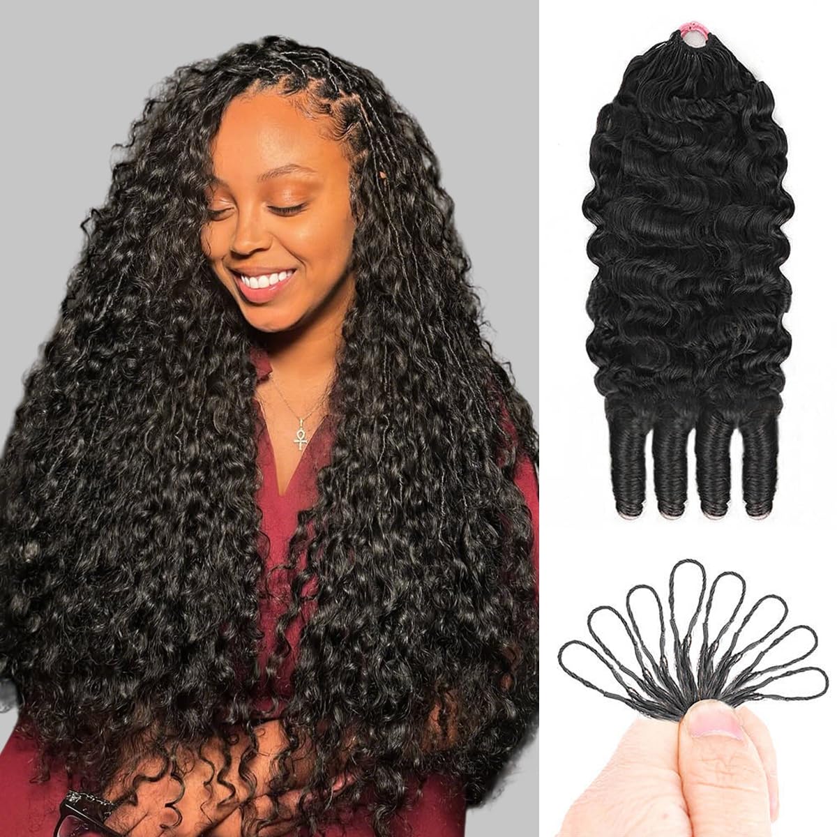 Goulus Burmese Curly Crochet Human Hair 120g Knotless Pre-Separated Feather Crochet Human Hair Bundles 28inch Invisible Miracle Knots Natural Black Beauty and Personal Care Goulus Default Title