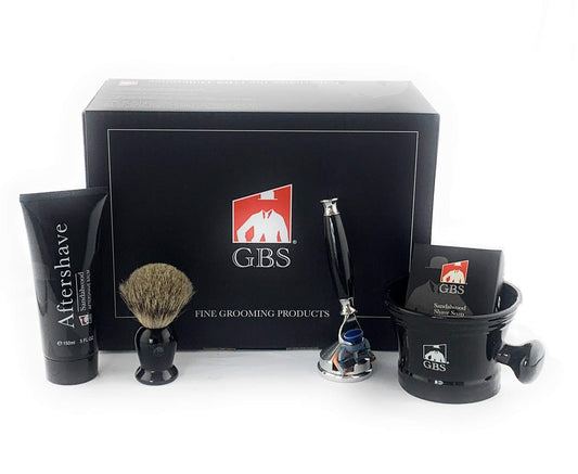 G.B.S Men’s Shaving Set, Blade Razor, Ceramic Black Shaving Mug, Badger Shaving Brush, Sandalwood Aftershave, Shaving Soap and Razor Cone Stand, Black Beauty and Personal Care G.B.S
