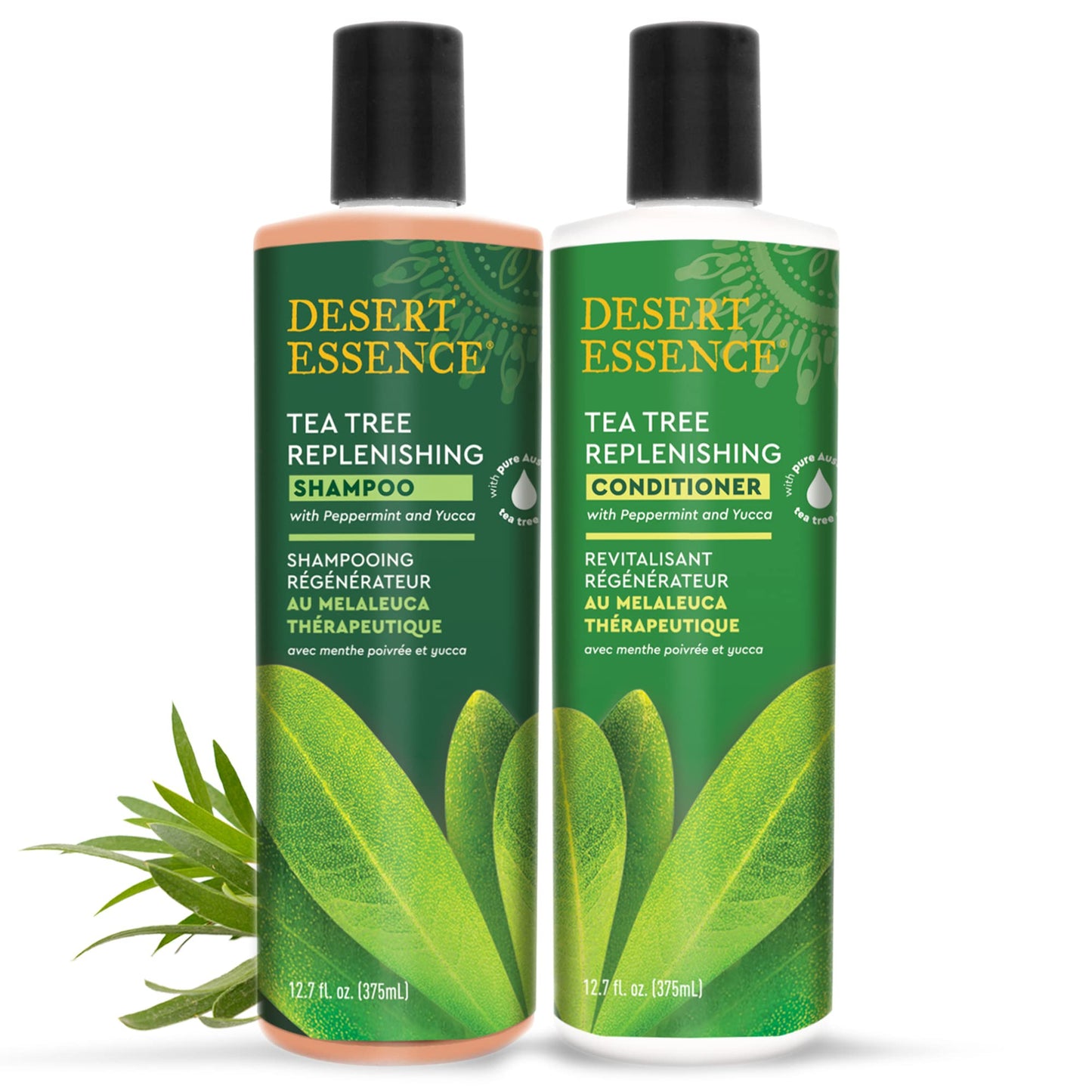 Desert Essence Tea Tree Replenishing Shampoo and Conditioner Bundle - 12.7 Fl Ounce - Therapeutic - Peppermint & Yucca - All Skin Types - Tea Tree Oil