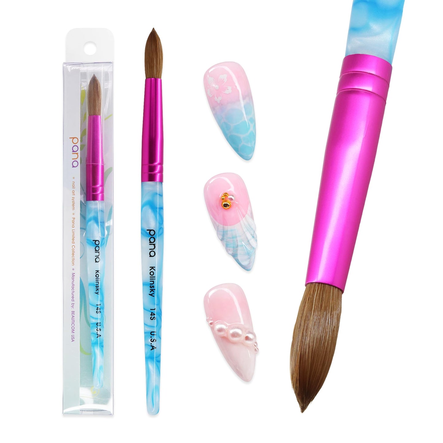 PANA Pure Kolinsky Hair Acrylic Nail Brush - Round Shape Pink Ferrule with White Swirl Blue Handle (Size 14) Beauty & Personal Care PANA