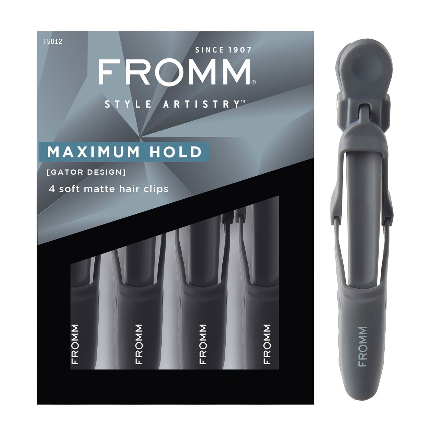 Fromm Professional Gator Hair Clips, 4.5", Double-Sided Teeth for Secure Sectioning on Wet or Dry Hair, Soft Matte Finish, Black, Pack of 4