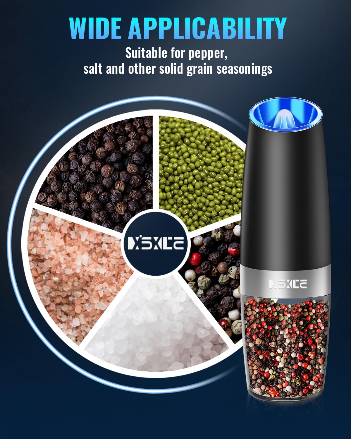 Sweet Alice Electric Salt & Pepper Grinder Set – 2-Pack, Adjustable Coarseness, LED Light, One-Hand Operation, Stainless Steel Black