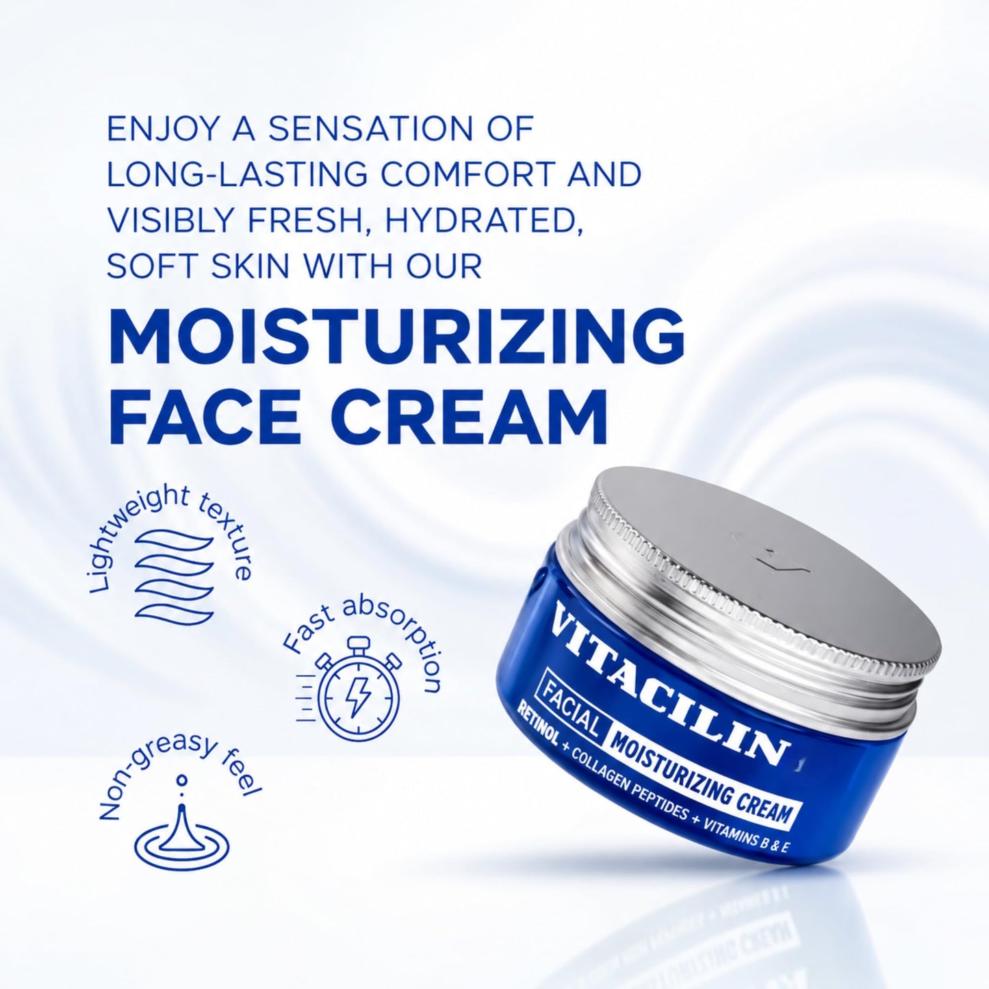 Vitacilin Facial Moisturizer with Retinol, Collagen Peptides & Vitamins B + E, 3.5 oz for All Skin Types