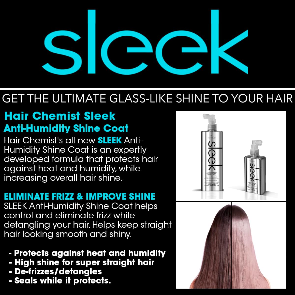 Hair Chemist Sleek Anti-Humidity Shampoo 8oz, Conditioner 8oz & Shine Coat 8oz 3-PC SET - Frizzy Hair Shampoo and Anti-Frizz Treatment Collection
