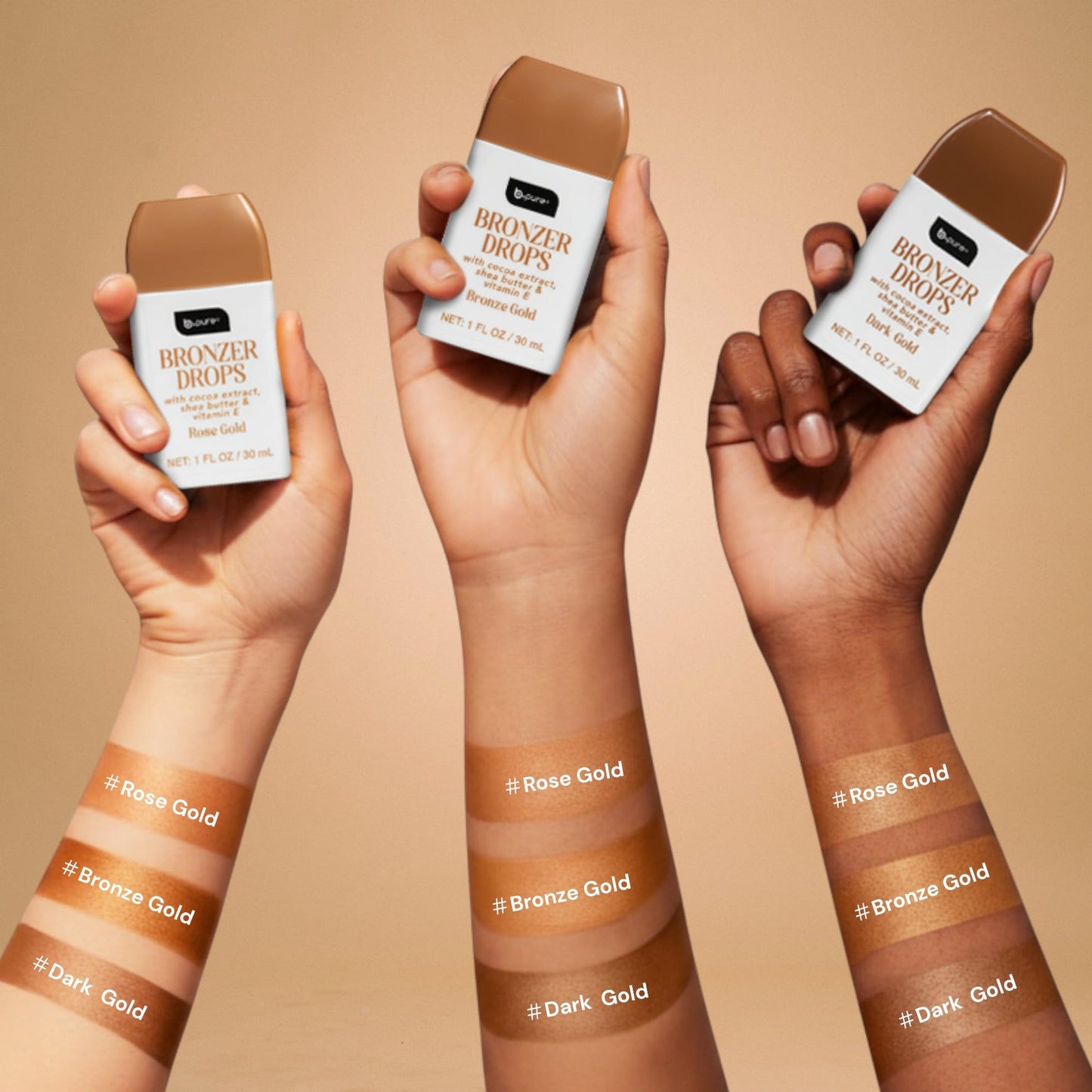 b.pure Moisturizing Bronzer Drops | Rose Gold | Tinted Face & Skin Glow Enhancer | 1 oz, 3-Pack