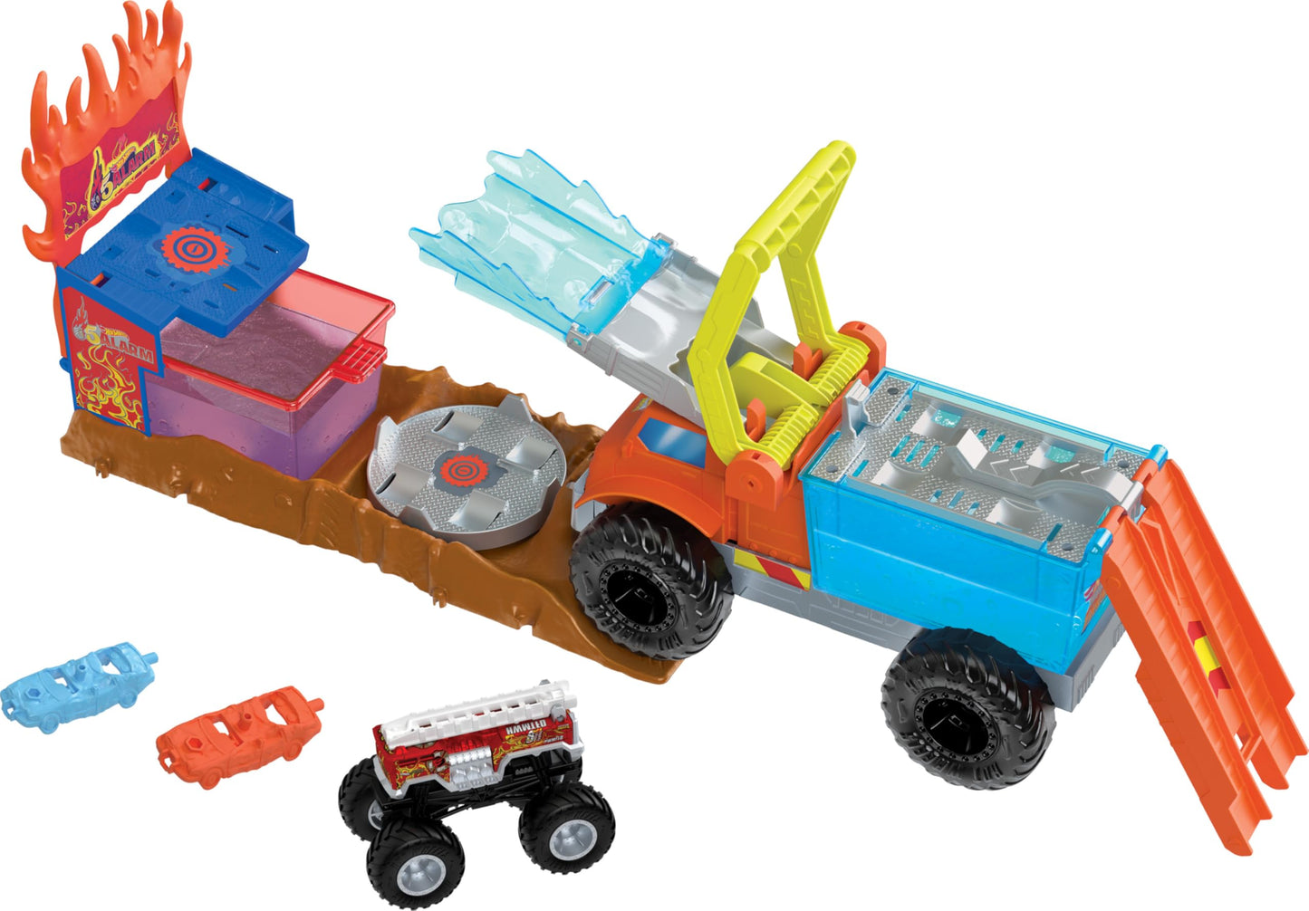 Hot Wheels Monster Trucks Color Shifters 5 Alarm Rescue with Color Shifter Truck, 2 Demolition Cars and 1 Trailer