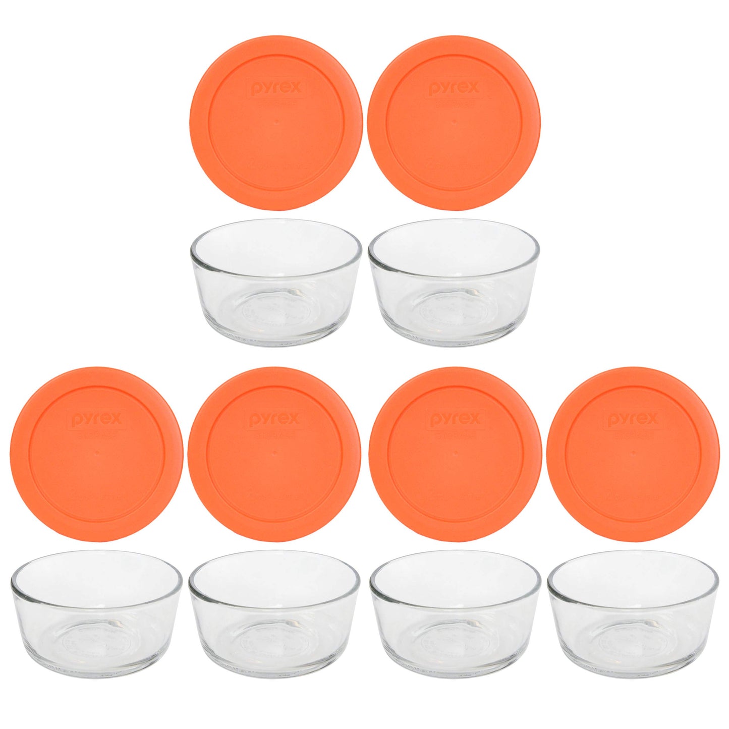 Pyrex (6 7200 2 Cup Glass Dishes & (6) 7200-PC 2 Cup Orange Lids - Made in the USA