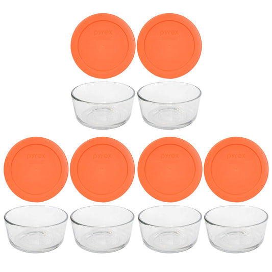 Pyrex (6 7200 2 Cup Glass Dishes & (6) 7200-PC 2 Cup Orange Lids - Made in the USA