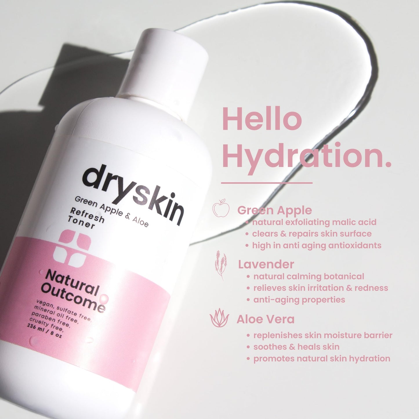 Hydrating Face Toner for Dry Skin Witch Hazel, Green Apple & Aloe Vera Facial Astringent by Natural Outcome Skincare, Gentle Soothing Cleansing Water