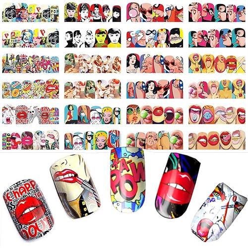 Towenm 12 Sheets Nail Art Stickers Water Transfer Nail Decals for Nail Art, Trendy Marvel Nail Wraps, Sexy Lip Pop Star Nail Decals, Manicure Nail