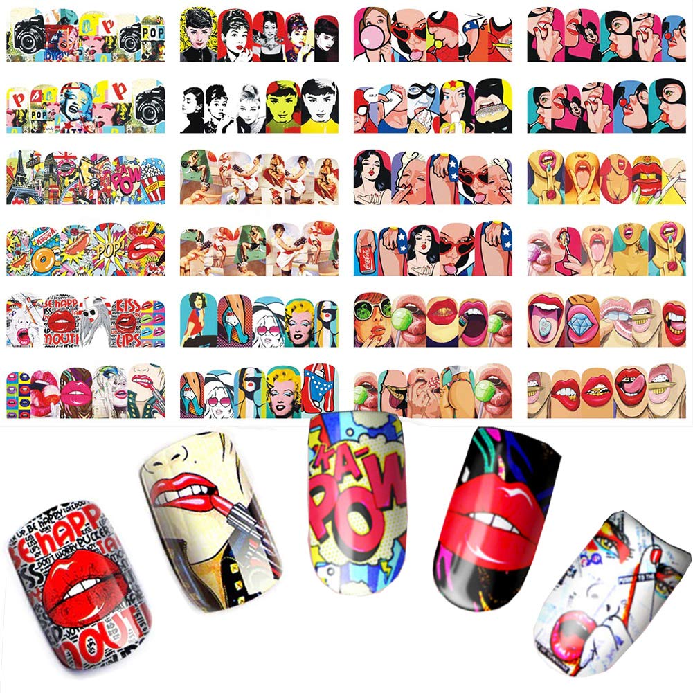Towenm 12 Sheets Nail Art Stickers Water Transfer Nail Decals for Nail Art, Trendy Marvel Nail Wraps, Sexy Lip Pop Star Nail Decals, Manicure Nail