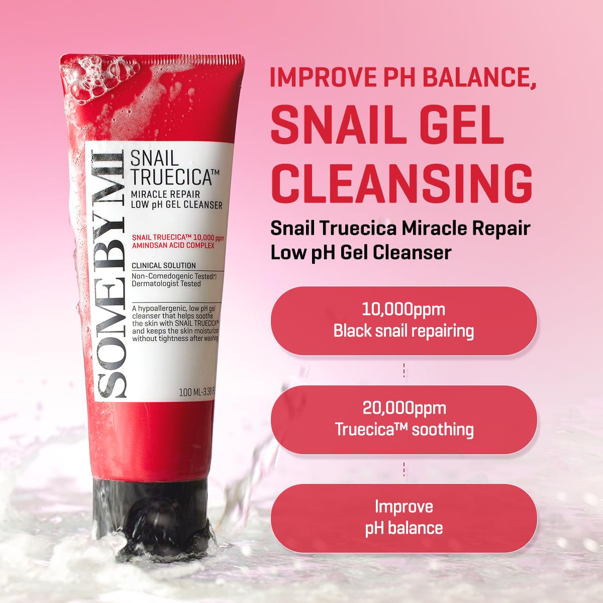 SOME BY MI Snail Truecica Miracle Repair Low pH Gel Cleanser - 3.38Oz, 100ml - Made from Snail Mucin for Sensitive Skin - Daily Face Wash for Deep