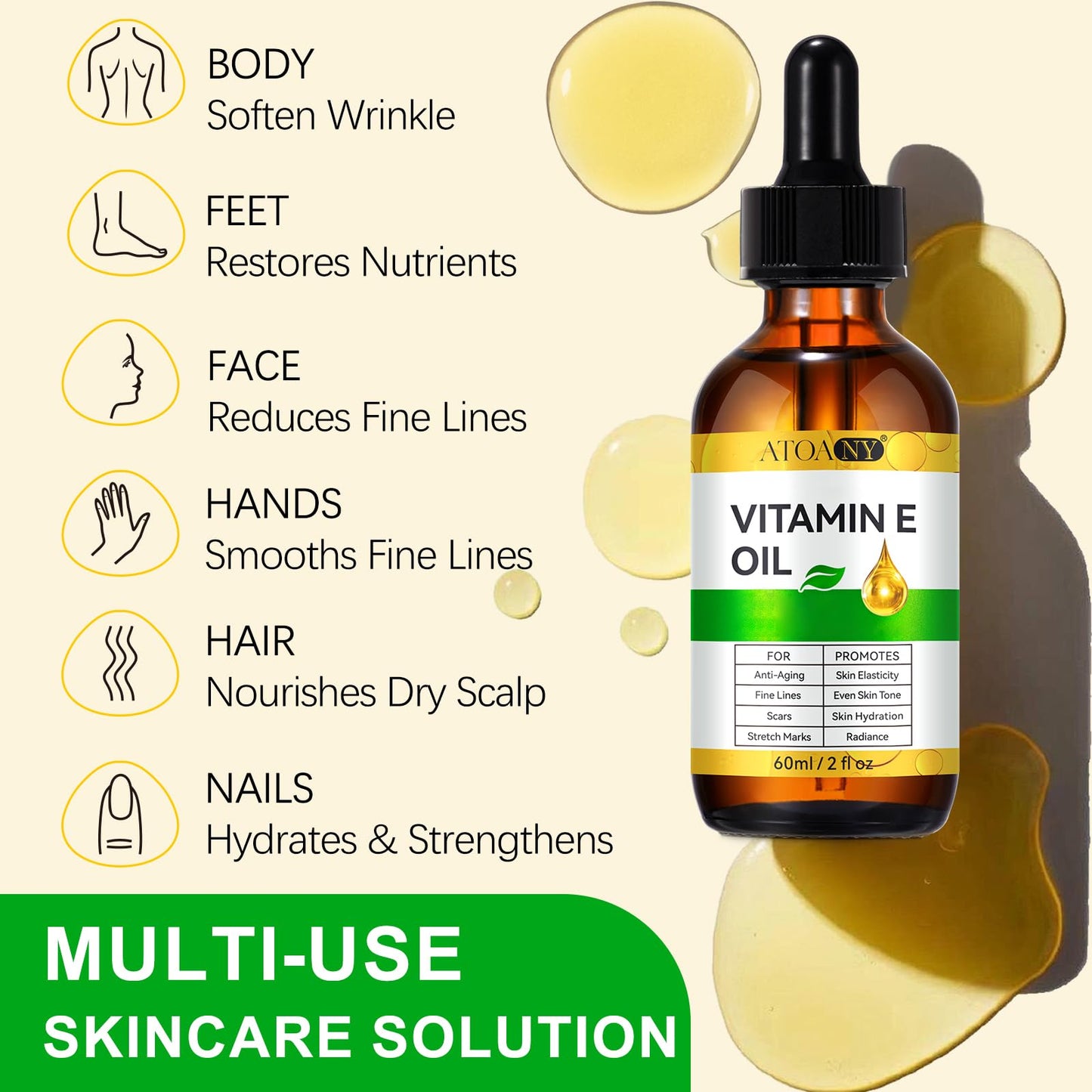 ATOANY Vitamin E Oil 2 Fl Oz - Vitamin E Oil for Skin, Face, Hair, Body - Natural Antioxidant for Dryness, Wrinkles, Scars & Stretch Marks Beauty and Personal Care ATOANY